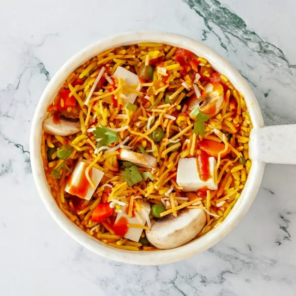 Overhead view of Indian biryani with paneer, mushrooms, and vegetables in a white bowl.